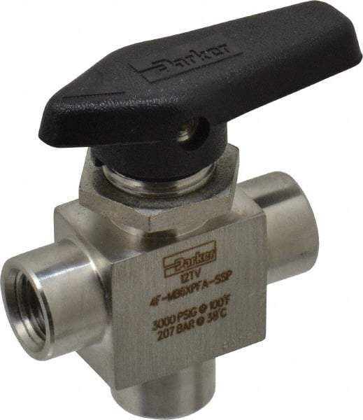 Parker - 1/4" Pipe, FNPT x FNPT x FNPT End Connections, Stainless Steel, Three Way, Instrumentation Ball Valve - 3,000 psi WOG Rating, Wedge Handle, PFA Seat - Makers Industrial Supply