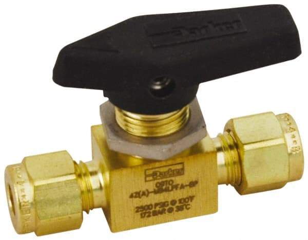 Parker - 1/8" Pipe, Brass, Inline, Two Way Flow, Instrumentation Ball Valve - 2,500 psi WOG Rating, Wedge Handle, PFA Seat - Makers Industrial Supply