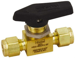 Parker - 3/8" Pipe, Compression x Compression CPI End Connections, Brass, Inline, Two Way Flow, Instrumentation Ball Valve - 3,000 psi WOG Rating, Wedge Handle, PFA Seat - Makers Industrial Supply