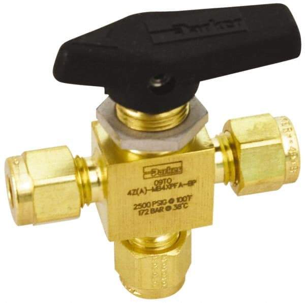 Parker - 1/4" Pipe, Compression x Compression x Compression CPI End Connections, Brass, Three Way, Instrumentation Ball Valve - 2,500 psi WOG Rating, Wedge Handle, PFA Seat - Makers Industrial Supply