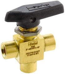 Parker - 1/8" Pipe, FNPT x FNPT x FNPT End Connections, Brass, Three Way, Instrumentation Ball Valve - 2,500 psi WOG Rating, Wedge Handle, PFA Seat - Makers Industrial Supply