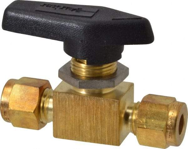 Parker - 1/4" Pipe, Brass, Inline, Two Way Flow, Instrumentation Ball Valve - 2,500 psi WOG Rating, Wedge Handle, PFA Seat - Makers Industrial Supply