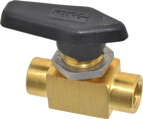 Parker - 1/4" Pipe, FNPT x FNPT End Connections, Brass, Inline, Two Way Flow, Instrumentation Ball Valve - 3,000 psi WOG Rating, Wedge Handle, PFA Seat - Makers Industrial Supply