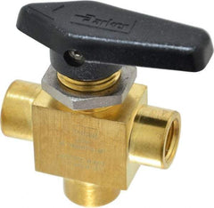 Parker - 1/4" Pipe, FNPT x FNPT x FNPT End Connections, Brass, Three Way, Instrumentation Ball Valve - 3,000 psi WOG Rating, Wedge Handle, PFA Seat - Makers Industrial Supply