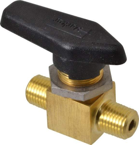 Parker - 1/4" Pipe, MNPT x MNPT End Connections, Brass, Inline, Two Way Flow, Instrumentation Ball Valve - 3,000 psi WOG Rating, Wedge Handle, PFA Seat - Makers Industrial Supply