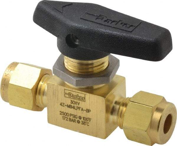 Parker - 1/4" Pipe, Compression x Compression CPI End Connections, Brass, Inline, Two Way Flow, Instrumentation Ball Valve - 2,500 psi WOG Rating, Wedge Handle, PFA Seat - Makers Industrial Supply