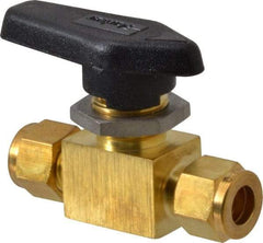 Parker - 3/8" Pipe, Brass, Inline, Two Way Flow, Instrumentation Ball Valve - 3,000 psi WOG Rating, Wedge Handle, PFA Seat - Makers Industrial Supply