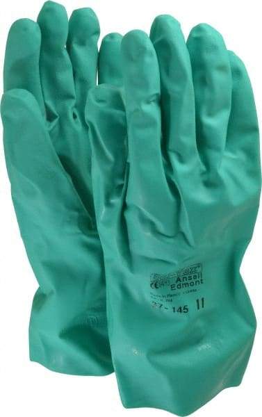 Ansell - Size 2XL (11), 13" Long, 11 mil Thick, Nitrile Chemical Resistant Gloves - Textured Finish, Straight Cuff, ANSI Abrasion Level 4, ANSI Cut Level 0, Green, FDA Approved - Makers Industrial Supply