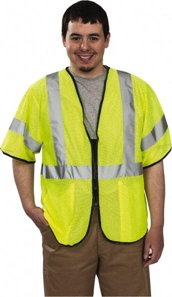 PRO-SAFE - Size S/M High Visibility Yellow Mesh General Purpose Vest - 39 to 43" Chest, ANSI/ISEA 107, Zipper Closure, 2 Pockets, Polyester - Makers Industrial Supply