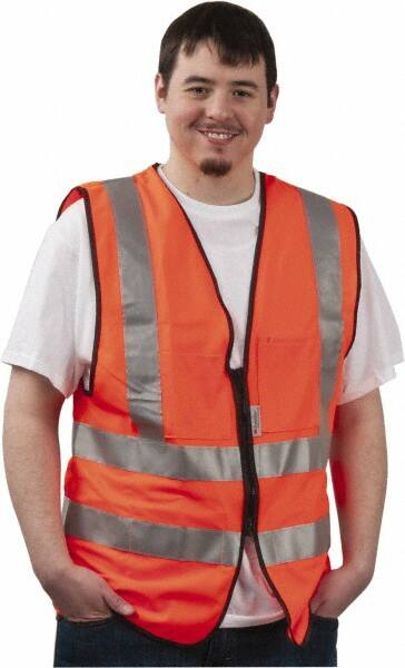 PRO-SAFE - Size L High Visibility Orange Solid Surveyor's Vest - 39 to 43" Chest, ANSI 107-2004, Zipper Closure, 12 Pockets, Polyester - Makers Industrial Supply