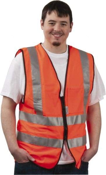 PRO-SAFE - Size 2XL High Visibility Orange Solid Surveyor's Vest - 46 to 49" Chest, ANSI 107-2004, Zipper Closure, 12 Pockets, Polyester - Makers Industrial Supply