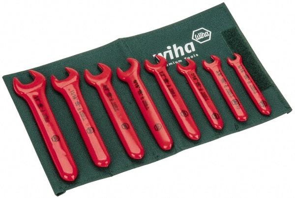 Wiha - 8 Piece, 5/16" to 3/4", Open End Wrench Set - Inch Measurement Standard, Insulated Finish, Comes in Roll Up Pouch - Makers Industrial Supply