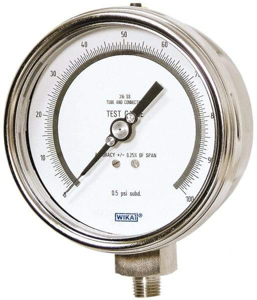 Wika - 4" Dial, 1/4 Thread, 0-100 Scale Range, Pressure Gauge - Lower Connection Mount, Accurate to 0.25% of Scale - Makers Industrial Supply