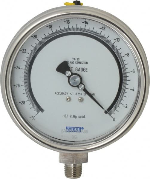 Wika - 4" Dial, 1/4 Thread, 30-0 Scale Range, Pressure Gauge - Lower Connection Mount, Accurate to 0.25% of Scale - Makers Industrial Supply