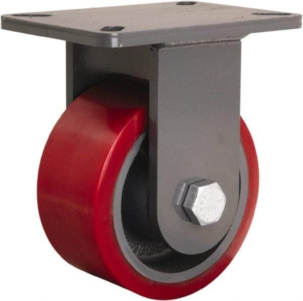 Hamilton - 6" Diam x 3" Wide x 8" OAH Top Plate Mount Rigid Caster - Polyurethane Mold onto Cast Iron Center, 2,600 Lb Capacity, Sealed Precision Ball Bearing, 5-1/4 x 7-1/4" Plate - Makers Industrial Supply