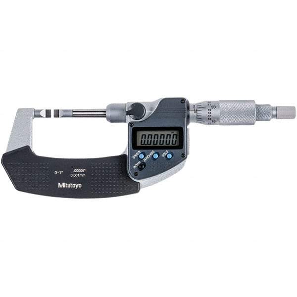 Mitutoyo - 0 to 1" Range, 0.00005" Resolution, Blade Throat IP54 Electronic Outside Micrometer - 0.00015" Accuracy, Ratchet Stop Thimble, Carbide-Tipped Face, SR44 Battery - Makers Industrial Supply