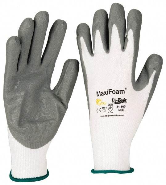 ATG - Size M (8) Nitrile Coated Nylon General Protection Work Gloves - For General Purpose, Palm & Fingers Coated, Knit Wrist Cuff, Full Fingered, Gray/White, Paired - Makers Industrial Supply