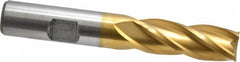 Cleveland - 1/2", 1-1/4" LOC, 1/2" Shank Diam, 3-1/4" OAL, 4 Flute, High Speed Steel Square End Mill - Single End, TiN Finish, Spiral Flute, 30° Helix, Centercutting, Right Hand Cut, Right Hand Flute, Series HG-4C - Makers Industrial Supply