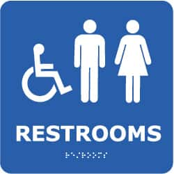 NMC - Restrooms, 8" Wide x 8" High, Plastic Sign - English, Braille, White on Blue, Wall Mount - Makers Industrial Supply