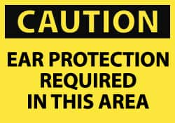 NMC - Accident Prevention Label, Header: CAUTION - Legend: Caution - Ear Protection Required in This Area, English, Black & Yellow, 5" Long x 3" High, Sign Muscle Finish - Makers Industrial Supply