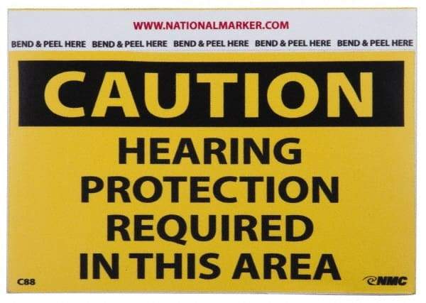 NMC - Accident Prevention Label, Header: CAUTION - Legend: Caution - Hearing Protection Required in This Area, English, Black & Yellow, 5" Long x 3" High, Sign Muscle Finish - Makers Industrial Supply