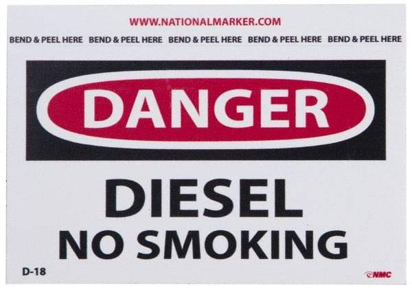 NMC - Accident Prevention Label, Header: DANGER - Legend: Danger - Diesel - No Smoking, English, Red, Black & White, 5" Long x 3" High, Sign Muscle Finish - Makers Industrial Supply