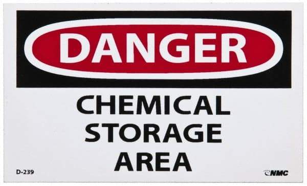 NMC - Hazardous Materials Label, Header: DANGER - Legend: Danger - Chemical Storage Area, English, Red, Black & White, 5" Long x 3" High, Sign Muscle Finish - Makers Industrial Supply