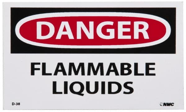 NMC - Hazardous Materials Label, Header: DANGER - Legend: Danger - Flammable Liquids, English, Red, Black & White, 5" Long x 3" High, Sign Muscle Finish - Makers Industrial Supply