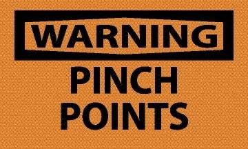 NMC - Accident Prevention Label, Header: WARNING - Legend: Warning - Pinch Points, English, Black & Orange, 5" Long x 3" High, Sign Muscle Finish - Makers Industrial Supply