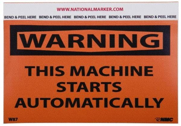 NMC - Accident Prevention Label, Header: WARNING - Legend: Warning - This Machine Starts Automatically, English, Black & Orange, 5" Long x 3" High, Sign Muscle Finish - Makers Industrial Supply