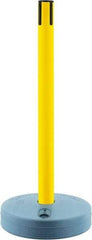 Tensator - 38" High, 2-1/2" Pole Diam, Tensabarrier Post - 15" Base Diam, Round Plastic Base, Yellow Plastic Post, Tape, Single Line Tape, For Outdoor Use - Makers Industrial Supply