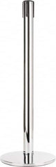 Tensator - 38" High, 2-1/2" Pole Diam, Tensabarrier Post - 14" Base Diam, Round Heavy Gauge Steel Base, Polished Chrome (Color) Steel Post, Tape, Single Line Tape - Makers Industrial Supply