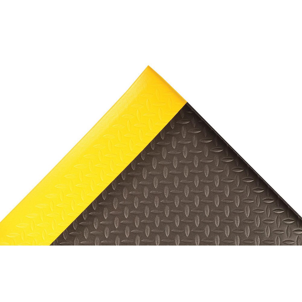 Anti-Fatigue Mat:  72.0000″ Length,  36.0000″ Wide,  1/2″ Thick,  Closed Cell Polyvinylchloride,  Beveled Edge,  Medium Duty Raised Diamond,  Black & Yellow,  Dry