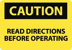 NMC - "Caution - Read Directions Before Operating", 10" Long x 14" Wide, Aluminum Safety Sign - Rectangle, 0.04" Thick, Use for Accident Prevention - Makers Industrial Supply