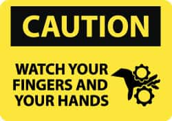 NMC - "Caution - Watch Your Fingers and Your Hands", 10" Long x 14" Wide, Pressure-Sensitive Vinyl Safety Sign - Rectangle, 0.004" Thick, Use for Accident Prevention - Makers Industrial Supply