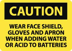 NMC - "Caution - Wear Face Shield Gloves and Apron When Adding Water or Acid to Batteries", 10" Long x 14" Wide, Pressure-Sensitive Vinyl Safety Sign - Rectangle, 0.004" Thick, Use for Accident Prevention - Makers Industrial Supply