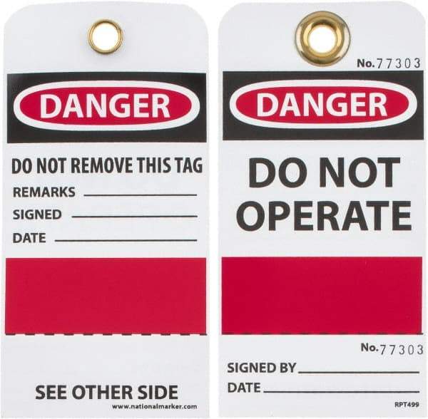 NMC - 3" High x 6" Long, DANGER - DO NOT OPERATE, English Safety & Facility Accident Prevention Tag - Tag Header: Danger, 2 Sides, Black, Red & White Unrippable Vinyl - Makers Industrial Supply