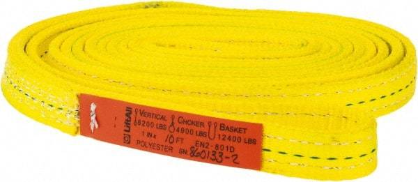 Lift-All - 10' Long x 1" Wide, 6,200 Lb Vertical Capacity, 2 Ply, Polyester Web Sling - 4,900 Lb Choker Capacity, Yellow - Makers Industrial Supply