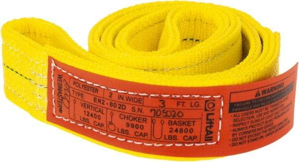 Lift-All - 3' Long x 2" Wide, 12,200 Lb Vertical Capacity, 2 Ply, Polyester Web Sling - 9,800 Lb Choker Capacity, Yellow - Makers Industrial Supply