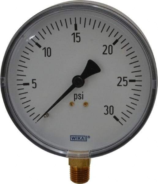 Wika - 4" Dial, 1/4 Thread, 0-30 Scale Range, Pressure Gauge - Lower Connection Mount, Accurate to 3-2-3% of Scale - Makers Industrial Supply