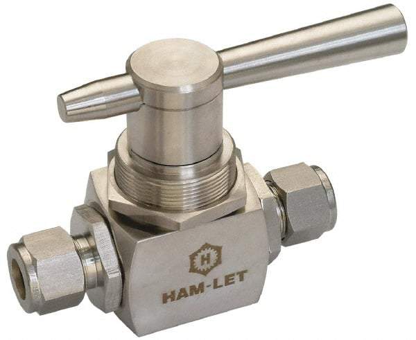 Ham-Let - 3/8" Pipe, Stainless Steel, Three Way, Instrumentation Ball Valve - 6,000 psi WOG Rating, Tee Handle, PTFE Seal, KEL-F Seat - Makers Industrial Supply