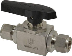 Ham-Let - 1/2" Pipe, Stainless Steel, Inline, Two Way Flow, Instrumentation Ball Valve - 3,000 psi WOG Rating, Tee Handle, PTFE Seal, PTFE Seat, Swaglok SS-45S8 - Makers Industrial Supply