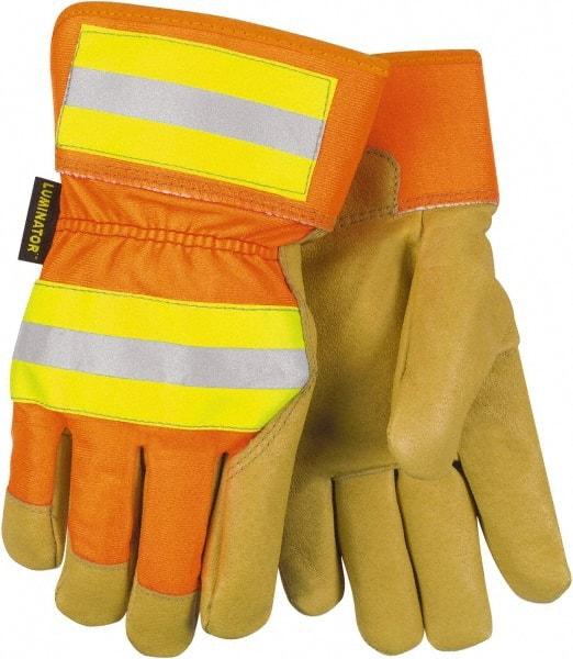 MCR Safety - Size S Pigskin General Protection Work Gloves - For General Purpose, Uncoated, Safety Cuff, Tan/Hi-Vis Orange, Paired - Makers Industrial Supply