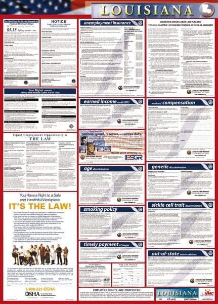 NMC - 24" Wide x 40" High Laminated Paper Labor Law Information Poster - Louisiana Jurisdiction, 0.03" Thick, English - Makers Industrial Supply