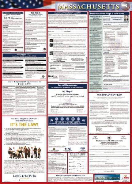 NMC - 24" Wide x 40" High Laminated Paper Labor Law Information Poster - Massachusetts Jurisdiction, 0.03" Thick, English - Makers Industrial Supply