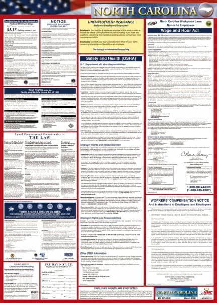 NMC - 24" Wide x 40" High Laminated Paper Labor Law Information Poster - North Carolina Jurisdiction, 0.03" Thick, English - Makers Industrial Supply