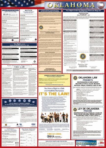 NMC - 24" Wide x 40" High Laminated Paper Labor Law Information Poster - Oklahoma Jurisdiction, 0.03" Thick, English - Makers Industrial Supply