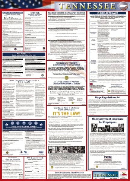 NMC - 24" Wide x 40" High Laminated Paper Labor Law Information Poster - Tennessee Jurisdiction, 0.03" Thick, English - Makers Industrial Supply