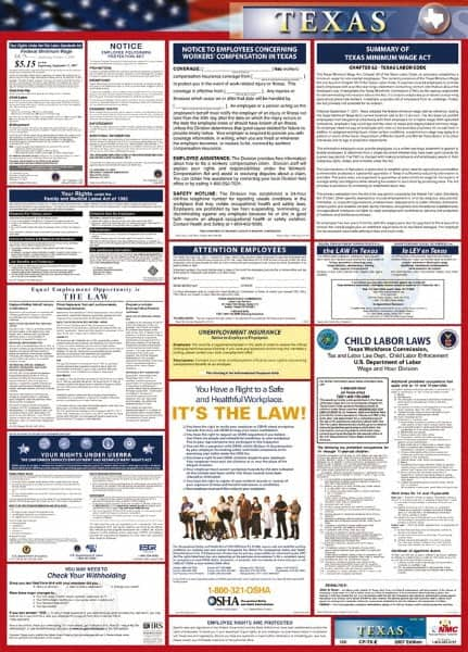 NMC - 24" Wide x 40" High Laminated Paper Labor Law Information Poster - Texas Jurisdiction, 0.03" Thick, English - Makers Industrial Supply