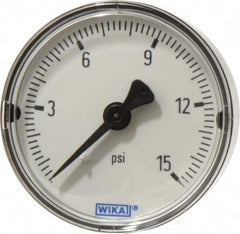 Wika - 2" Dial, 1/4 Thread, 0-15 Scale Range, Pressure Gauge - Center Back Connection Mount, Accurate to 3-2-3% of Scale - Makers Industrial Supply